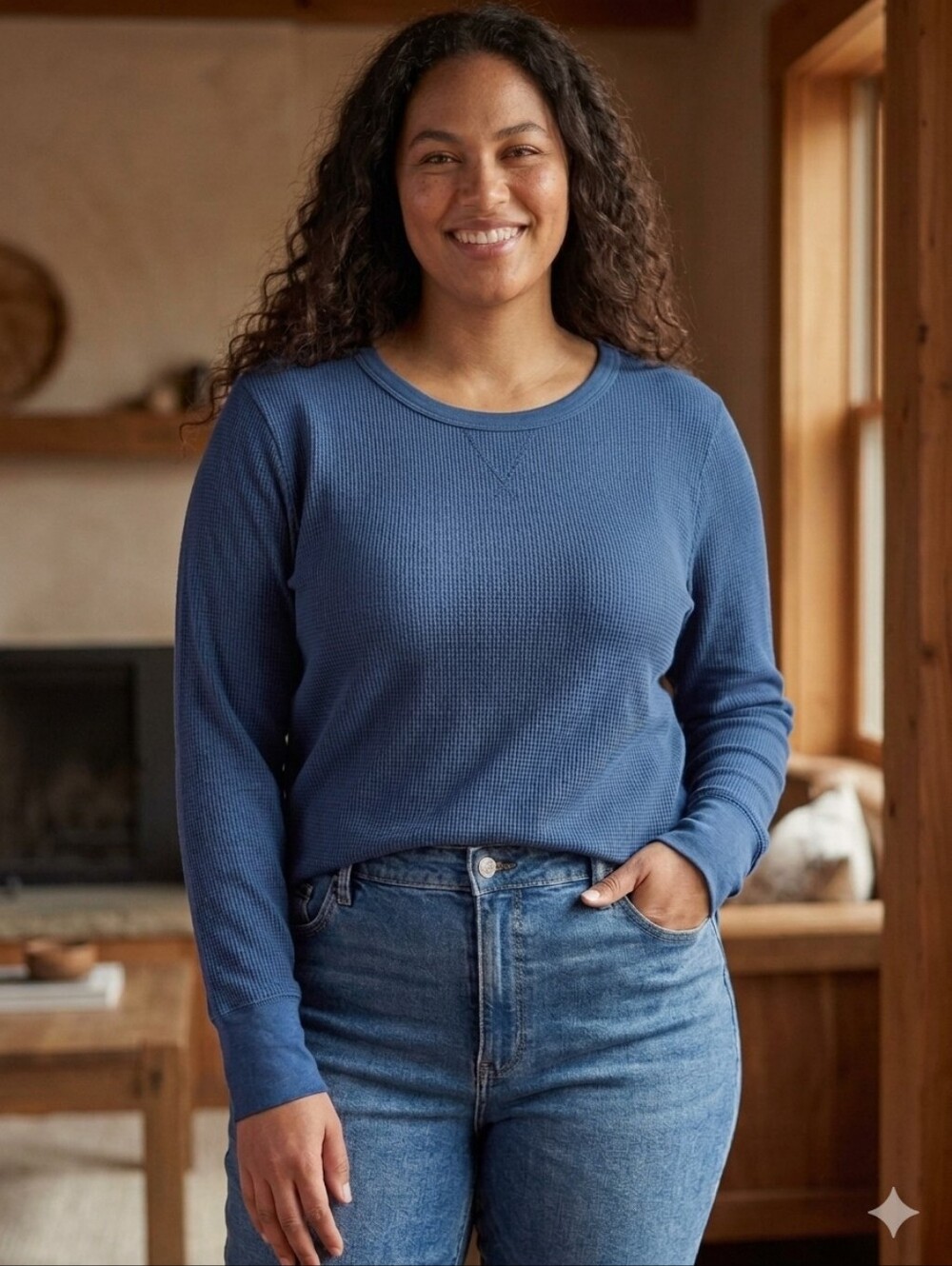 Women’s Blue Thermal Long Sleeve Tee - Crew Neck
